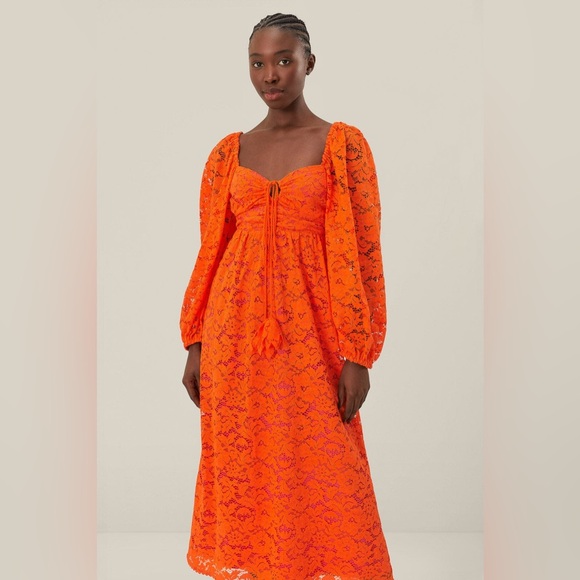 FARM RIO Orange Lace Long Sleeve Midi Dress - Picture 2 of 5